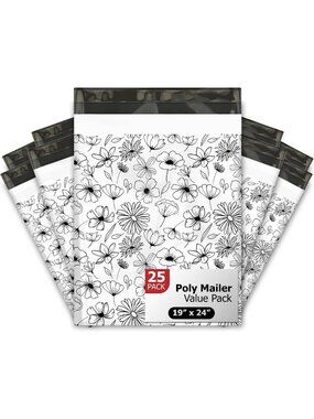 19x24 Black & White Floral Poly Mailers - Waterproof, Tear-Resistant Shipping